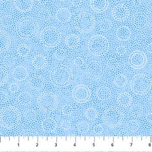 May include: Light blue fabric with a white polka dot pattern and larger white circles with smaller white dots around the edges.