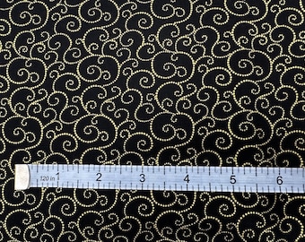 SALE! 1 Yard Fabric Gold Metallic Scrolls on Black Cotton Quilt Benartex Yardage 9606M-12