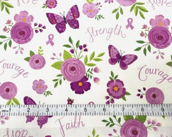 Fabric Strength In Lavender Cancer Theme Butterflies Purple Ribbons Strength Courage Faith Words Riley Blake Quilt Cotton 13220