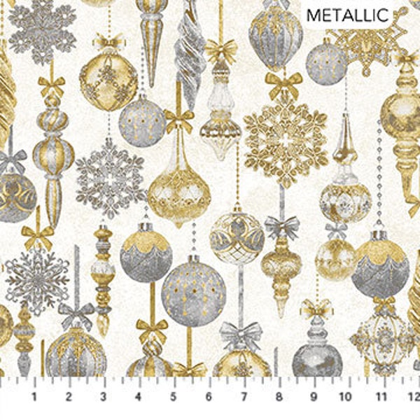 Fabric Metallic Gold Grey Ornaments Cotton Fabric Stonehenge White Christmas Northcott 24202M-11