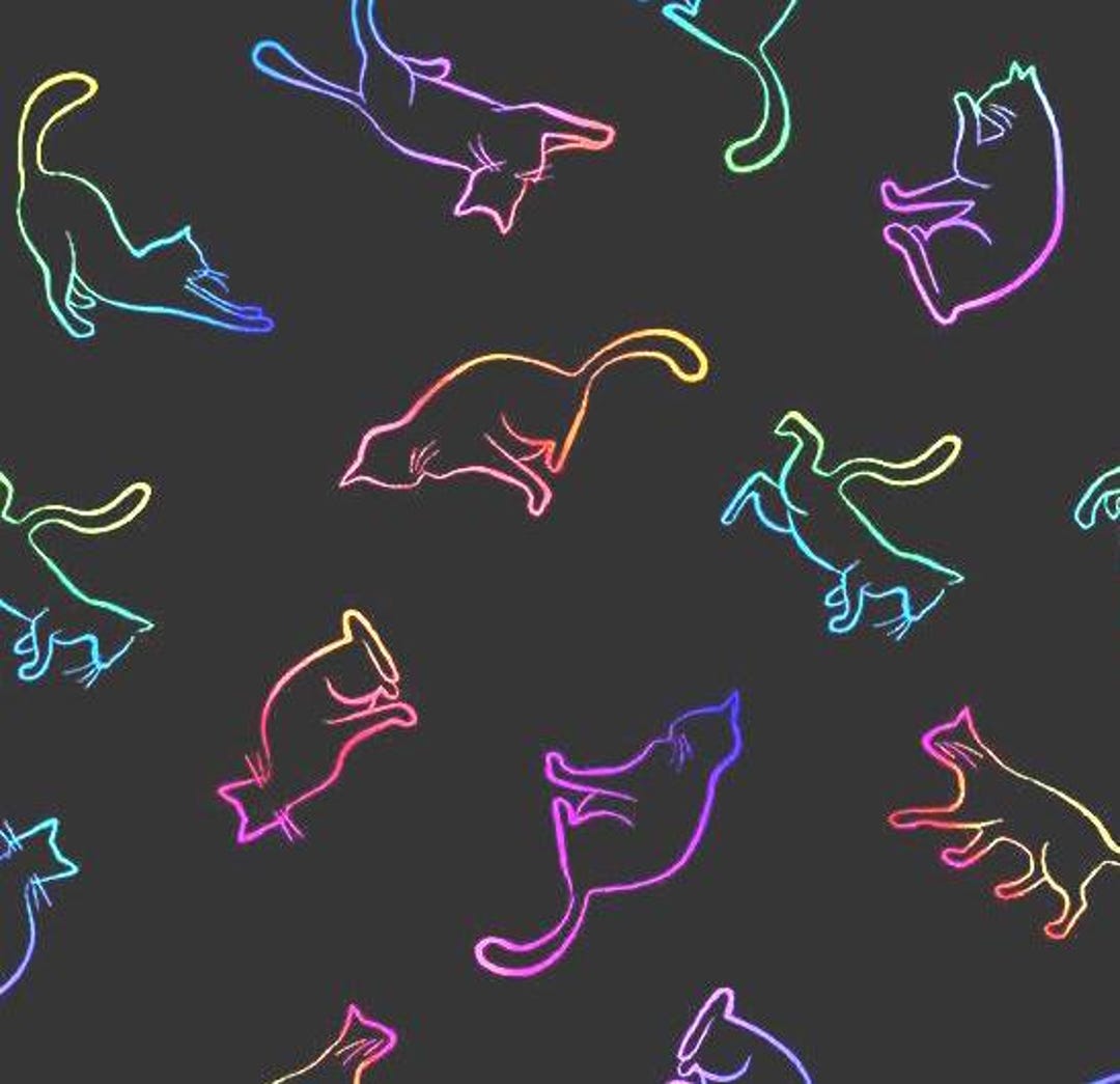 Fabric Rainbow Wildcat Cat Silhouette on Black Quilt Cotton Timeless ...