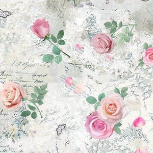 Fabric Vintage Scrapbook Roses Script Handwriting Bellerose Timeless Treasures Quilt Cotton 3144