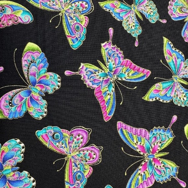 Fabric Alluring Butterflies Metallic Black Ann Lauer Cotton Quilt Fabric Benartex 1311m-12 Yardage Free shipping option
