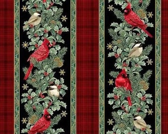 Fabric Winter Elegance Metallic Christmas Stripe Cardinals Holly Benartex 12342M