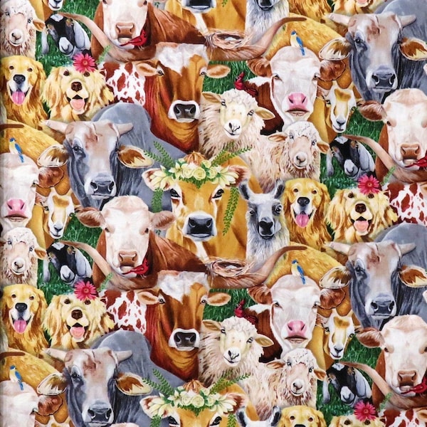 Fabric Happy Farm Animals Cows, Sheep, Goat, Dog Elizabeth's Studio Cotton Quilt Fabric Yardage  Free Shipping Option