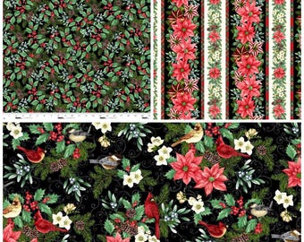 May include: A collection of three fabric patterns featuring holiday themes. One pattern shows holly leaves, red berries, and pinecones on black. Another has vertical stripes of poinsettias and plaid. The third displays cardinals, poinsettias, and pinecones.