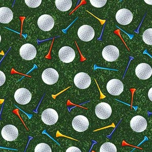 Golf Balls & Tees Fabric Grass Green Timeless Treasures Quilt Cotton 8030