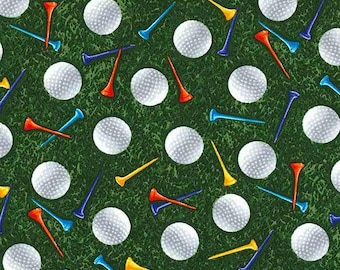 Tela de pelotas y tees de golf, verde hierba, Timeless Treasures Quilt Cotton 8030