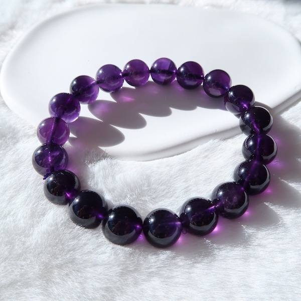 Bracelet en améthyste d'Uruguay| 12 mm 14 mm Qualité A++++ | Bijoux bohèmes | Bracelet de pierres précieuses naturelles | Bijoux en cristal | Bracelet violet foncé