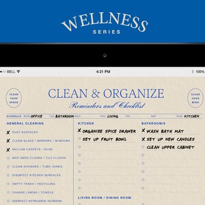 May include: A digital checklist on a tablet screen titled "Clean & Organize" with reminders and a checklist for different rooms of a house, including the office, bathroom, kitchen, and living room. The checklist includes tasks such as dusting surfaces, cleaning mirrors, vacuuming carpets, and organizing spice drawers.