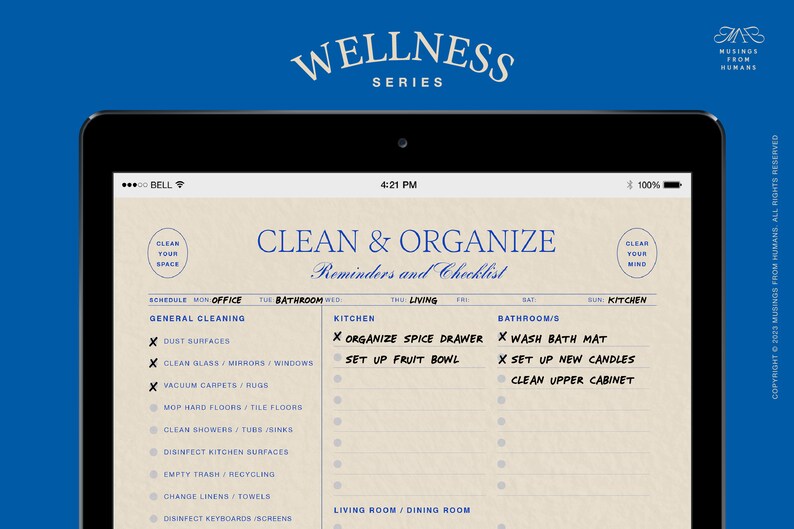 May include: A digital checklist on a tablet screen titled "Clean & Organize" with reminders and a checklist for different rooms of a house, including the office, bathroom, kitchen, and living room. The checklist includes tasks such as dusting surfaces, cleaning mirrors, vacuuming carpets, and organizing spice drawers.