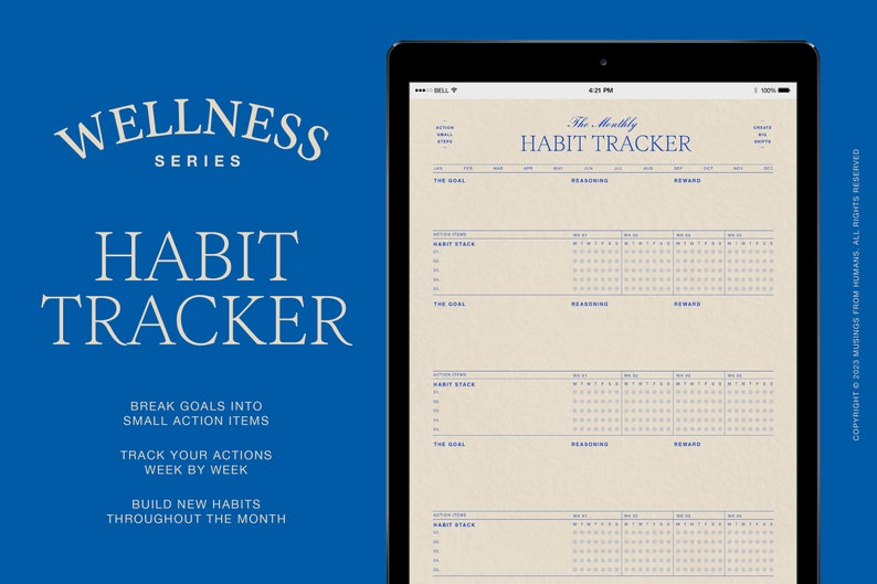 May include: A digital planner template for tracking habits on a tablet screen. The template is titled "The Monthly Habit Tracker" and includes sections for the goal, reading, and reward. The template is designed to help users break goals into small action items, track their actions week by week, and build new habits throughout the month.