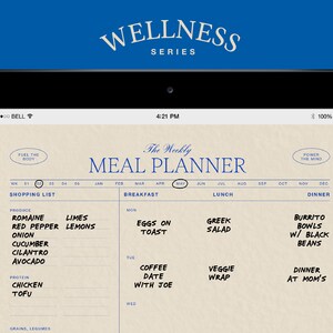 May include: A digital tablet screen displaying a weekly meal planner with a shopping list, breakfast, lunch, and dinner options. The planner is titled "The Weekly Meal Planner" and includes a calendar with the months of January through December. The shopping list includes produce, protein, and grains/legumes. The meal plan includes options like eggs on toast, Greek salad, veggie wrap, and burrito bowls with black beans.
