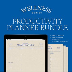 May include: A digital productivity planner bundle with four templates: Meal Planner, Task Manager, Habit Tracker, and Cleaning Checklist. The bundle is part of the Wellness Series.