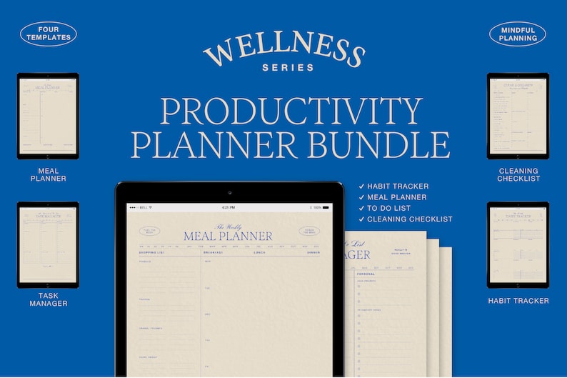 May include: A digital productivity planner bundle with four templates: Meal Planner, Task Manager, Habit Tracker, and Cleaning Checklist. The bundle is part of the Wellness Series.