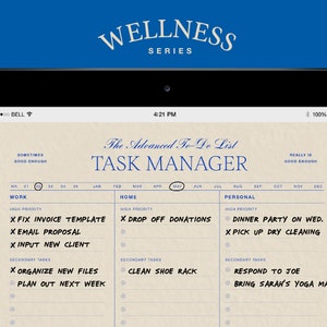 May include: A digital task manager app on a tablet screen with the title "The Advanced To-Do List Task Manager". The app is divided into three sections: Work, Home, and Personal. Each section has a list of tasks with checkboxes next to them. The app also includes a calendar view at the top.
