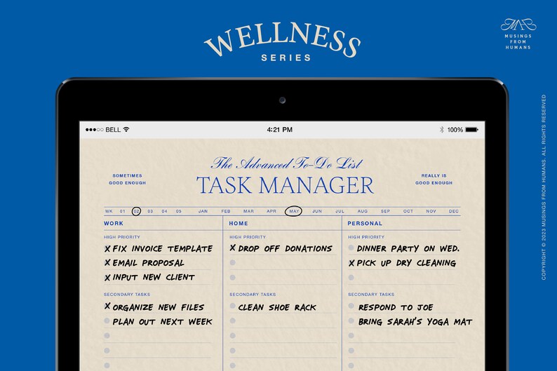 May include: A digital task manager app on a tablet screen with the title "The Advanced To-Do List Task Manager". The app is divided into three sections: Work, Home, and Personal. Each section has a list of tasks with checkboxes next to them. The app also includes a calendar view at the top.