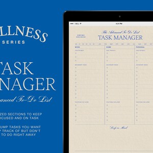 May include: A digital planner app screen displaying a task manager template with sections for work, home, and personal tasks. The template is titled "The Advanced To-Do List Task Manager" and includes sections for "Prioritized Tasks", "Deferred Tasks", and "Postpone for Later".