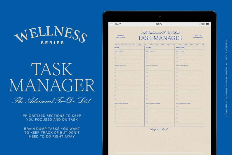 May include: A digital planner app screen displaying a task manager template with sections for work, home, and personal tasks. The template is titled "The Advanced To-Do List Task Manager" and includes sections for "Prioritized Tasks", "Deferred Tasks", and "Postpone for Later".