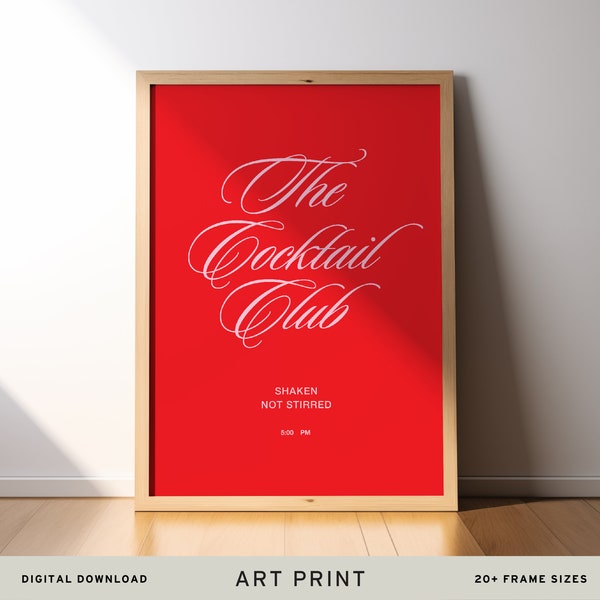 The Cocktail Club Print, Red and Pink Wall Art, Trendy Printable Bar Cart Poster, Happy Hour Quote, Vintage Alcohol Design, Classy Style