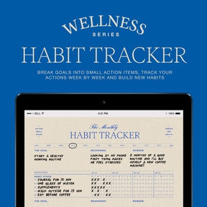 May include: A digital screen displaying a habit tracker template with a beige background. The template includes sections for "The Goal", "Reasoning", and "Reward". The habit tracker is titled "The Monthly Habit Tracker".