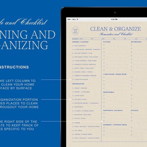 May include: A digital tablet displaying a cleaning and organizing checklist with sections for general cleaning, organization, kitchen, bathrooms, living room, dining room, bedrooms, entryways, hallways, offices, and basement/storage areas. The checklist includes a column for deep cleaning and a column for organization.