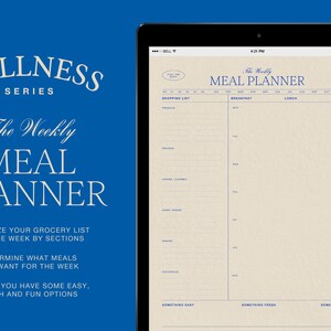 May include: A digital tablet displaying a meal planner template with a blue background. The template is titled "The Weekly Meal Planner" and includes sections for a grocery list, breakfast, lunch, and dinner.