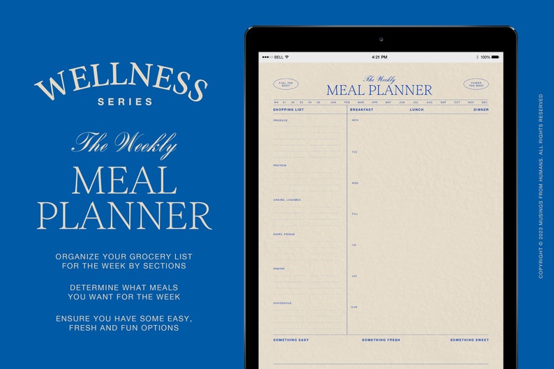 May include: A digital tablet displaying a meal planner template with a blue background. The template is titled "The Weekly Meal Planner" and includes sections for a grocery list, breakfast, lunch, and dinner.