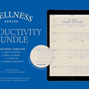 May include: A digital productivity bundle with four templates: a habit tracker, meal planner, to-do list, and cleaning checklist. The templates feature a textured paper background and are compatible with iPad and digital planning apps like Notability and Goodnotes.