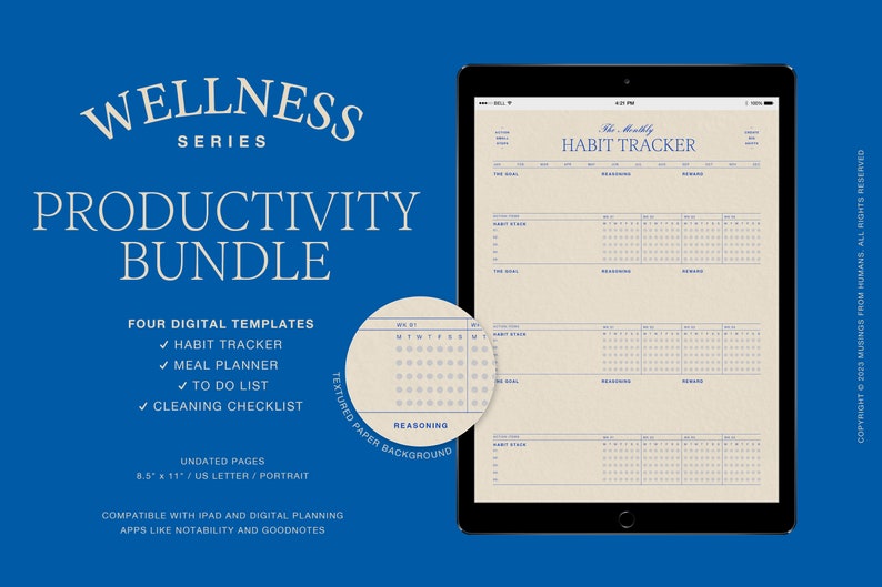 May include: A digital productivity bundle with four templates: a habit tracker, meal planner, to-do list, and cleaning checklist. The templates feature a textured paper background and are compatible with iPad and digital planning apps like Notability and Goodnotes.