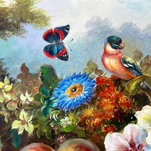 L. Richard Signed Oil Painting on Canvas - Birds, Fruit, Flowers and Butterflies
