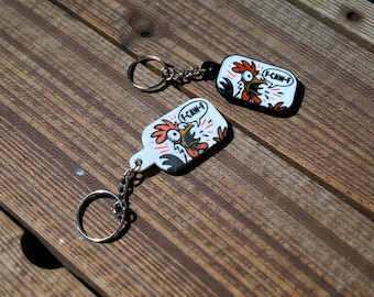 F-TCA-F Art du coq porte-clés | Jeu de mots drôle de poulet | Porte-clés imprimé en 3D | Cadeau humoristique à la ferme | Accessoire pour amoureux des animaux