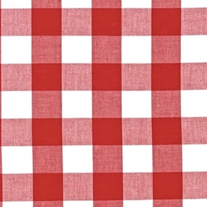 May include: Close-up of a red and white checkered fabric. The pattern consists of large, evenly sized squares in a classic gingham design. The fabric appears to be a medium weight, suitable for various crafting and sewing projects.
