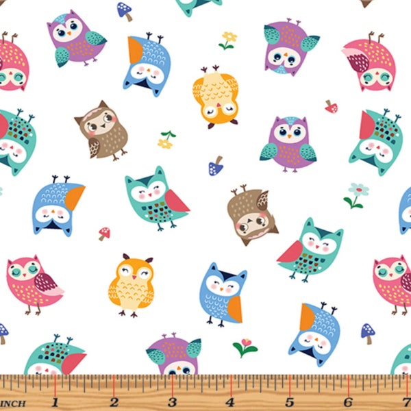 Owls Fabric - 100% COTTON Fabric - Quality Cotton Quilt Fabric, Apparel Fabric, Kids Fabric, Woodland Owls on White from Benartex,