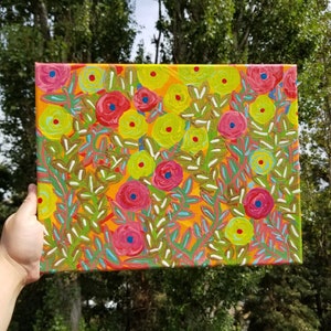 Floral Acrylic Painting – Abstract Colorful Flowers, 11x14 Original Art