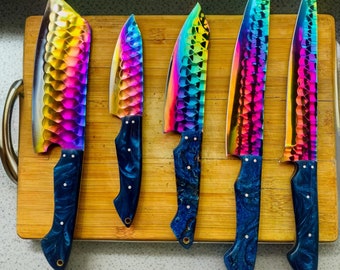 Chef Set: 5-Piece Rainbow-Colored Plasma Coated Chef Set with Corian Material Handle | Kitchen Set | Chef knives | Chef knife | Cutlery