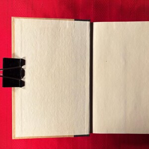 May include: An open book with blank pages, the pages are cream colored and the cover is brown. The book is lying open on a red surface.