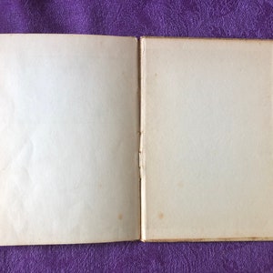 May include: A blank, open book with white pages and a brown cover. The book is lying flat on a purple surface.
