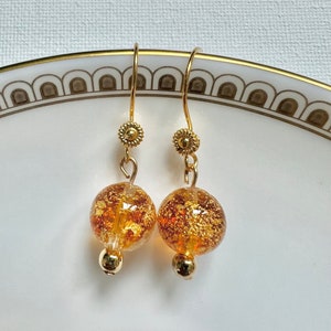 Topaz Gold Flecks Glass Dangle Earrings Gold Plated Hooks / Gift for Her