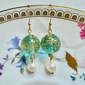Emerald Murano Glass and Pearl Dangle Earrings Gold Plated / Gift for Her