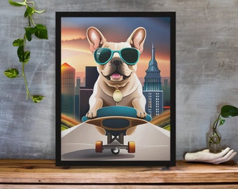 Unique AI-Generated Art: Cute French Bulldog Riding a Skateboard in The City Sunset | Digital Download | Canvas Art Print