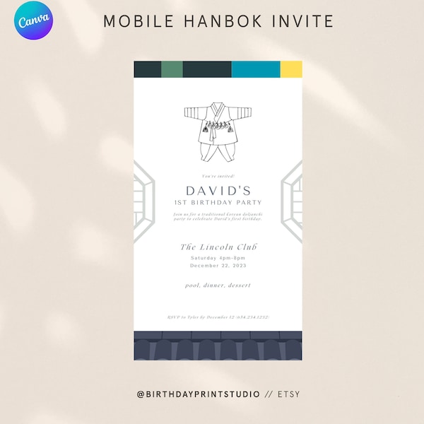 Customizable Korean First Birthday mobile invitation, korean hanbok modern, baby boy hanbok, digital doljanchi, modern hanbok belt, 돌잡이 초대