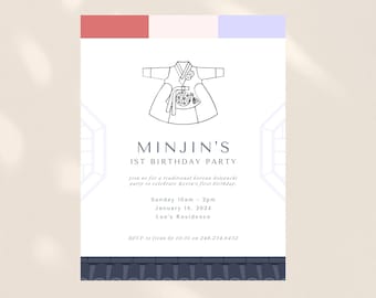 Girl Hanbok Dohl Birthday Invitation: Korean First Birthday (Digital Download)