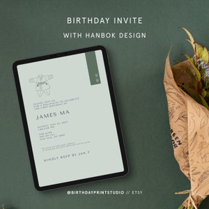 Hanbok Birthday Invitation, 1st birthday invite, printable invite, boy birthday, 1st birthday boy, invite template, doljabi korean birthday