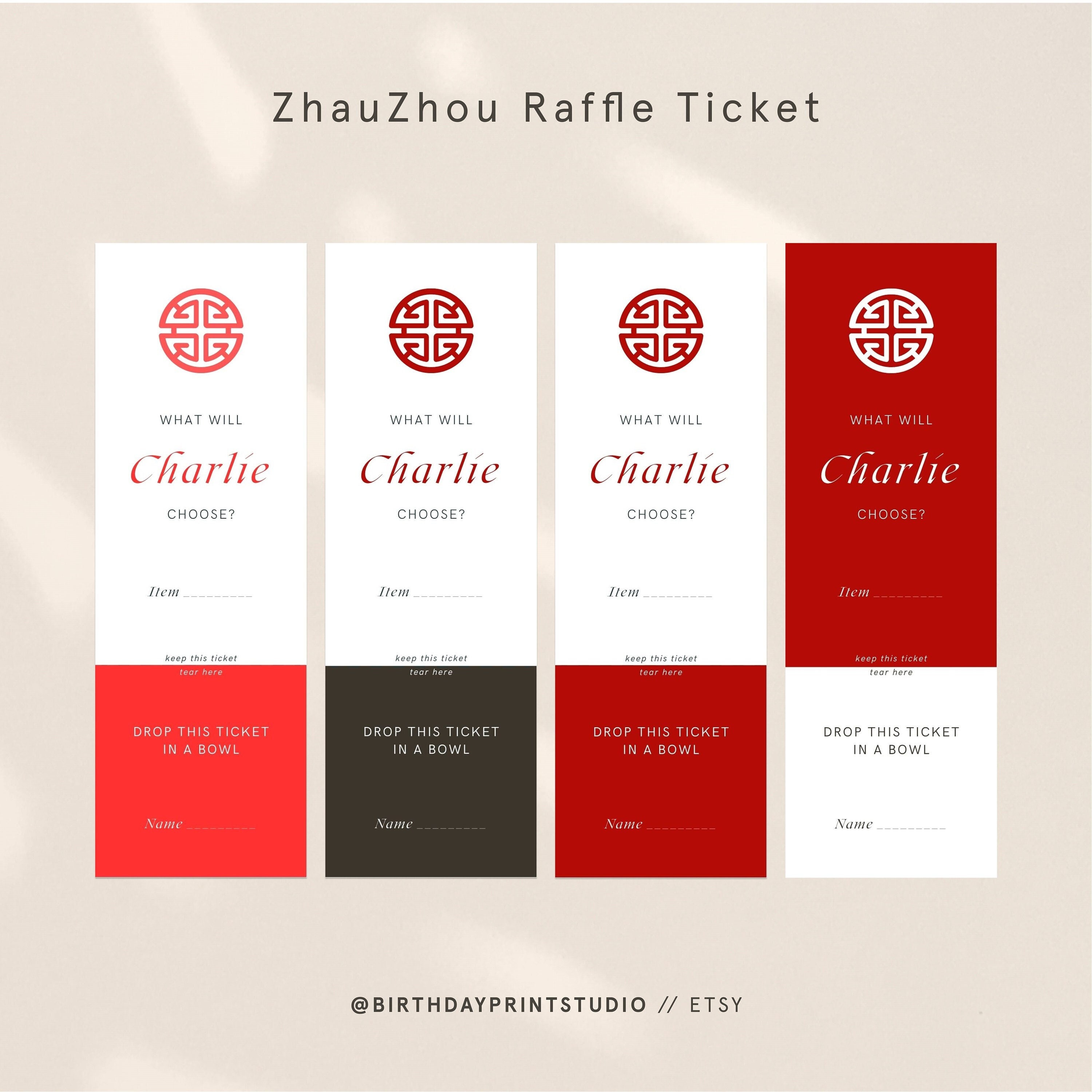 Zhua Zhou Set, Red Zhua Zhou Raffle Ticket, Raffle and Labels, Chinese ...