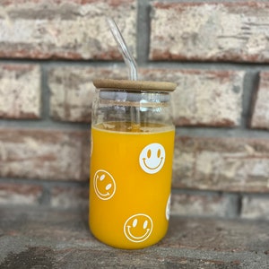 Smiley Face Glass Cup with Lid and Straw