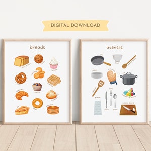 Peut inclure: Deux affiches imprimables avec des illustrations de différents types de pains et d'ustensiles de cuisine. L'affiche de gauche porte le mot "breads" en haut et montre des images de pain blanc, de bretzels, de croissants, de tarte et plus encore. L'affiche de droite porte le mot "utensils" en haut et montre des images d'une poêle, d'un bol, d'assiettes, d'un gant de cuisine, d'une casserole, d'une spatule, d'une râpe, d'un couteau, d'une cuillère et plus encore.