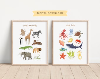 Set of 2 Wild Animals and Sea Life Educational Prints, Nursery Playroom Decor, Classroom Home School Wall Art Printable, DIGITAL DOWNLOAD