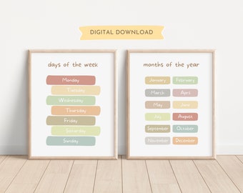 Conjunto de 2 láminas educativas de los días de la semana y los meses del año, arte mural para el aula, imprimibles de aprendizaje, descarga digital.