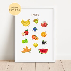 Impresión educativa de frutas, cartel de aprendizaje de alimentos, sala de juegos HomeSchool Nursery Wall Art Decor, cocina de juegos, DESCARGA DIGITAL